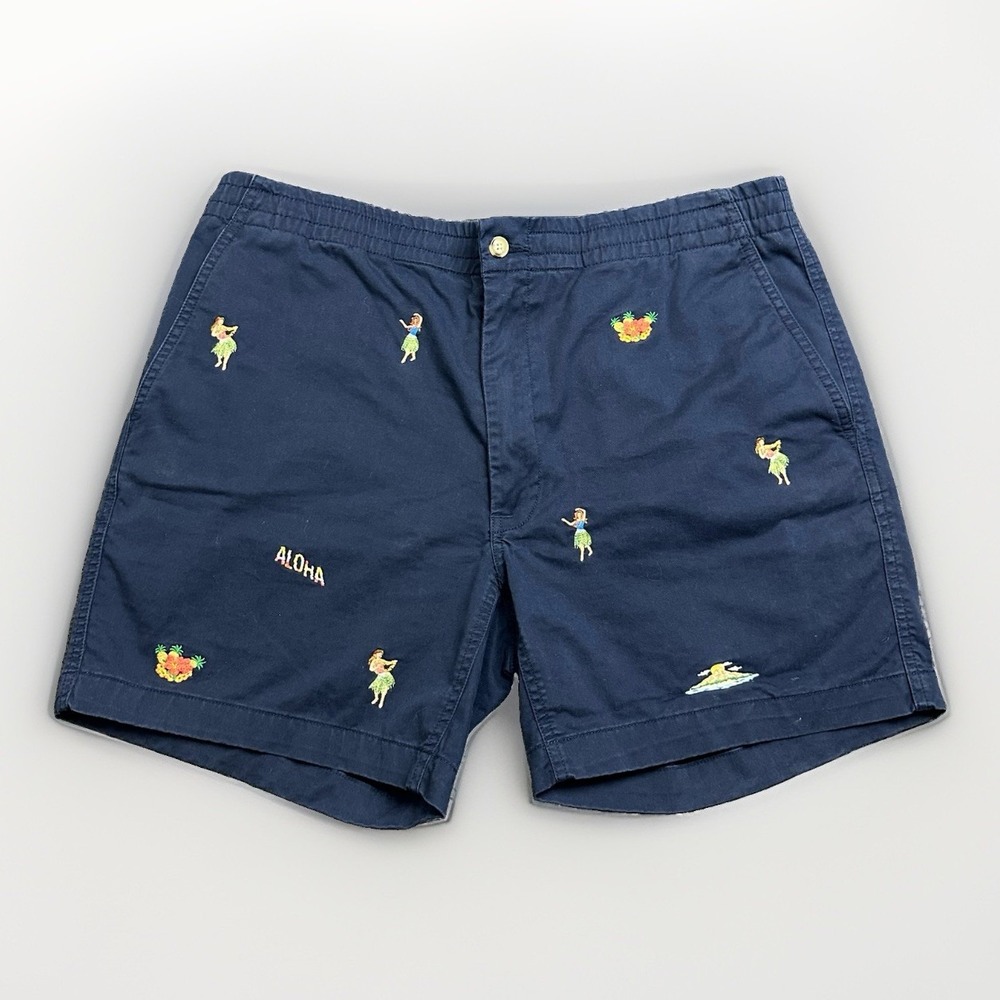 Polo Ralph Lauren Hula Hawai Embroidered Shorts Mens L Navy Chino Classic Fit 6"